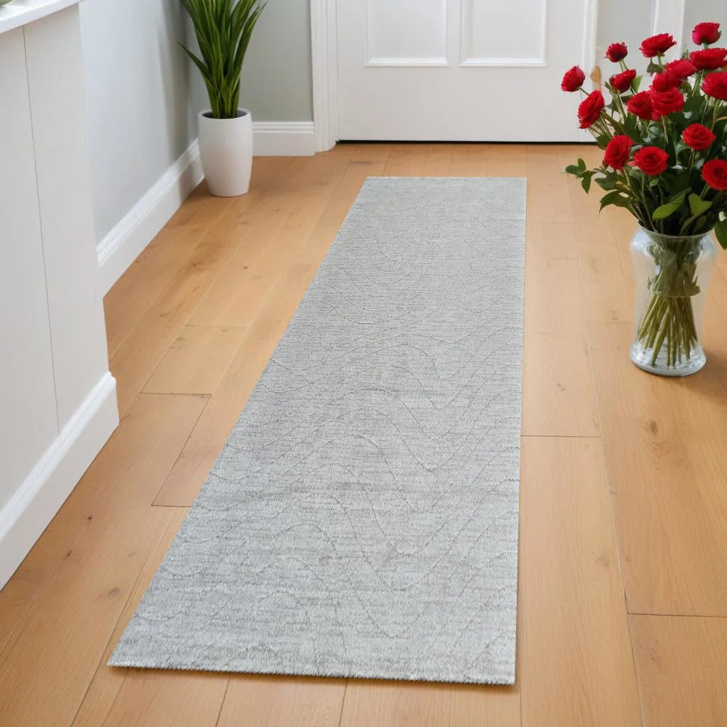 HMS 8' Gray Abstract Non-Skid Runner Rug Handmade Tufted Modern Carpet Washable Wool Polyester Silk Foam for Home Prayer Use