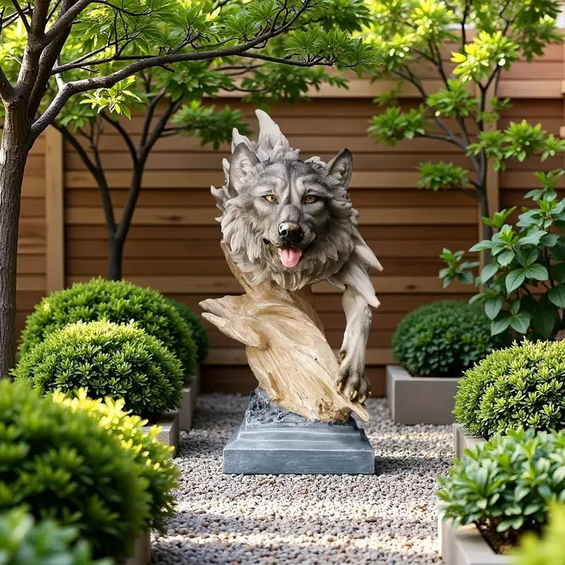 Resin Wolf-Shaped Tree Stump Base Statue Hand-Painted Artistic Carving Gray-Brown Color Christmas Holiday Home Decor Living Room
