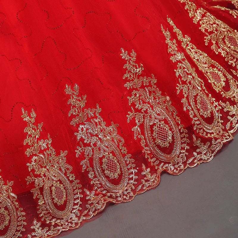 NE279 Cheap Vintage Lace Red With Gold Lace Wedding Dresses Long Train Plus Size Ball Gown