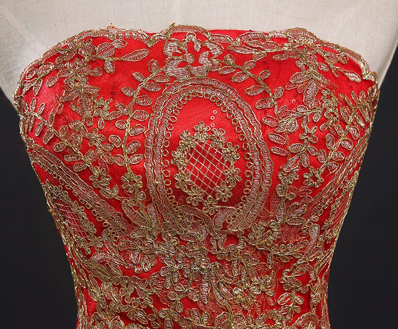 NE279 Cheap Vintage Lace Red With Gold Lace Wedding Dresses Long Train Plus Size Ball Gown