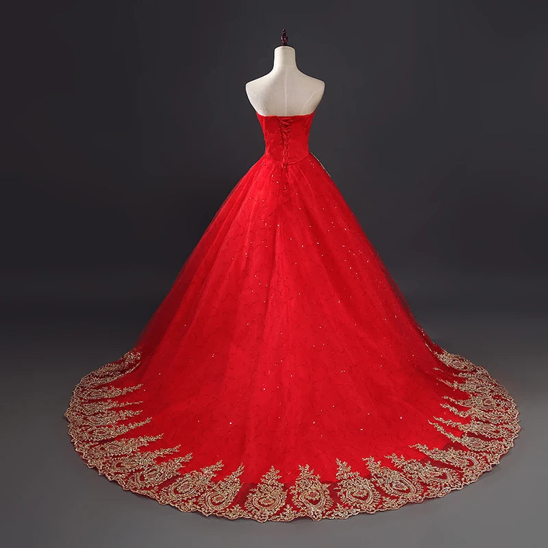NE279 Cheap Vintage Lace Red With Gold Lace Wedding Dresses Long Train Plus Size Ball Gown