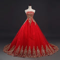 NE279 Cheap Vintage Lace Red With Gold Lace Wedding Dresses Long Train Plus Size Ball Gown