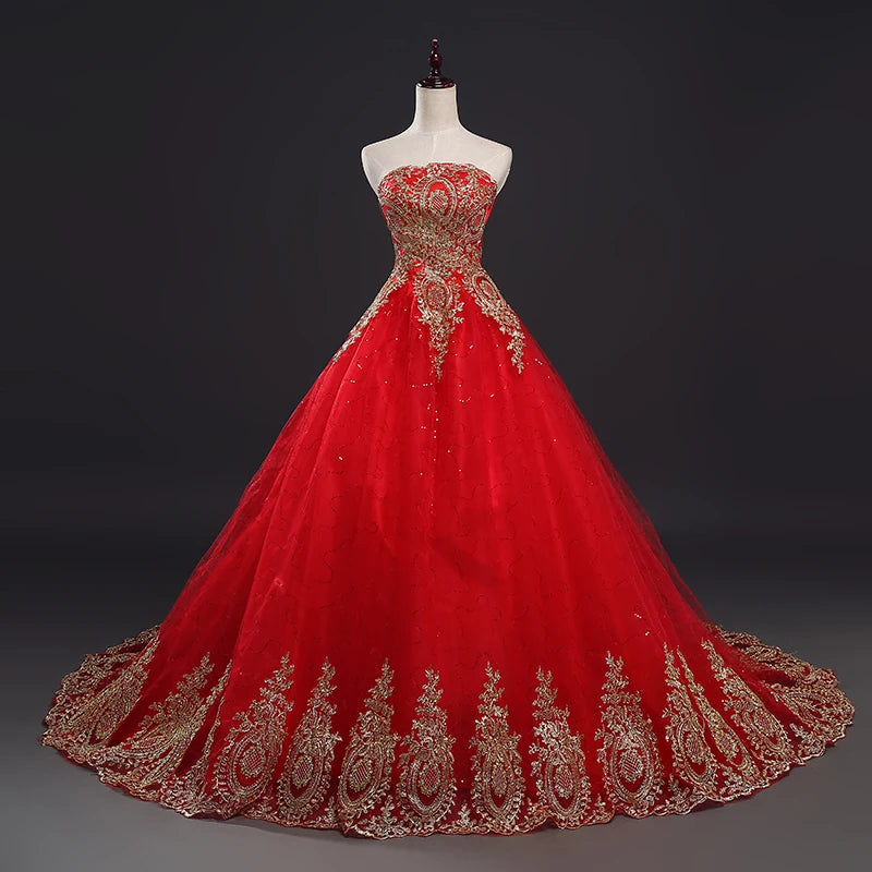 NE279 Cheap Vintage Lace Red With Gold Lace Wedding Dresses Long Train Plus Size Ball Gown