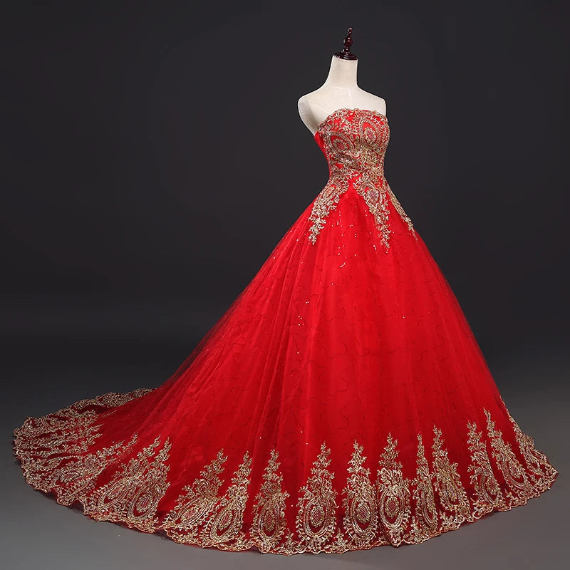 NE279 Cheap Vintage Lace Red With Gold Lace Wedding Dresses Long Train Plus Size Ball Gown