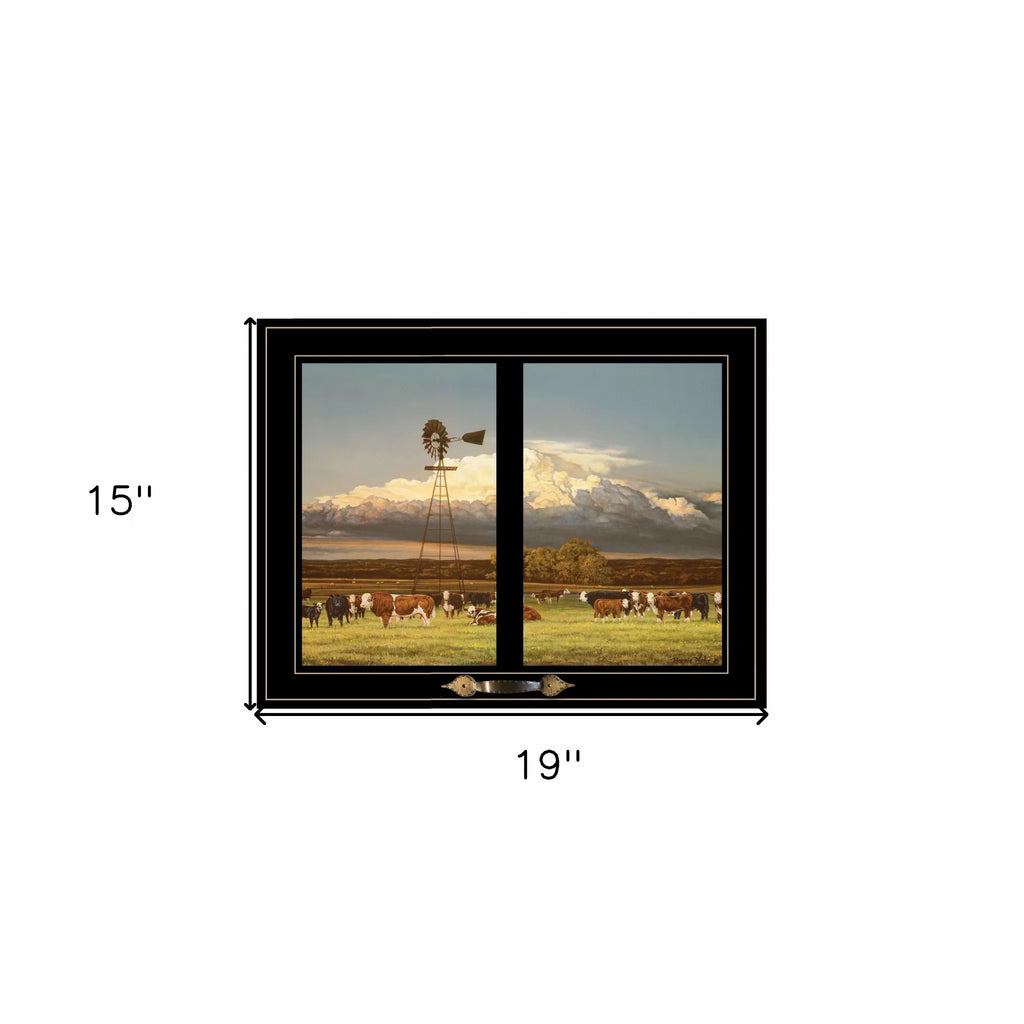 HMS Summer Pastures Framed Wall Art Black Framed Print of Holstein Cows with Windmill Home Decor