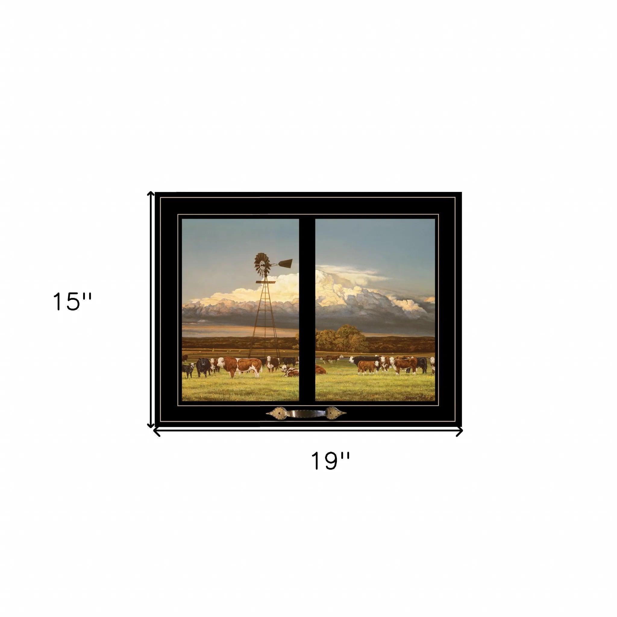 HMS Summer Pastures Framed Wall Art Black Framed Print of Holstein Cows with Windmill Home Decor
