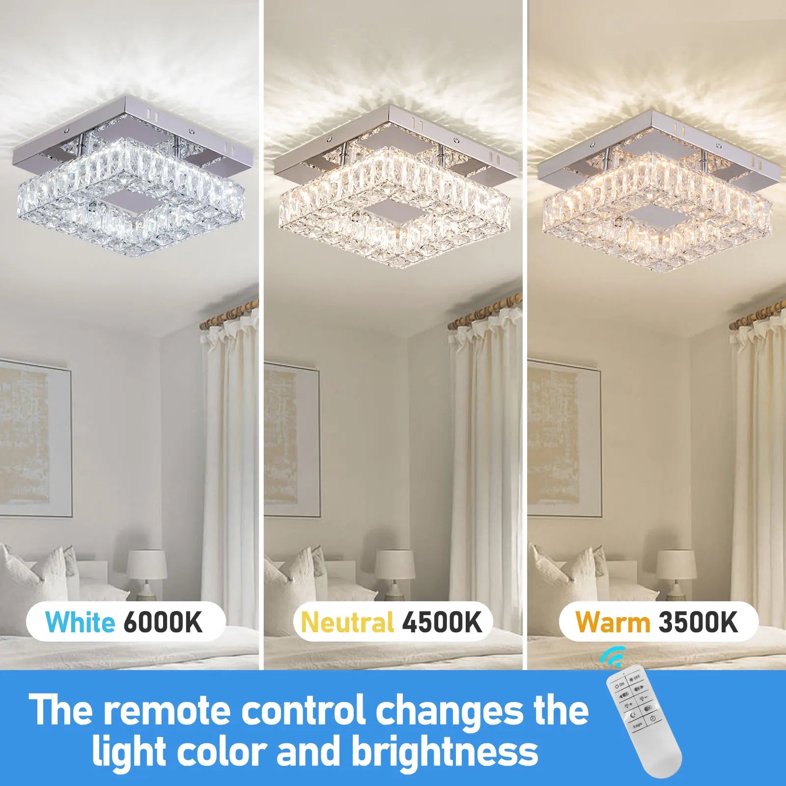 K9 Crystal 3-Color Changeable LED Ceiling Light Modern Home Kitchen Bar Chandelier AC for Small Spaces-Bedroom/Kitchen Ceiling