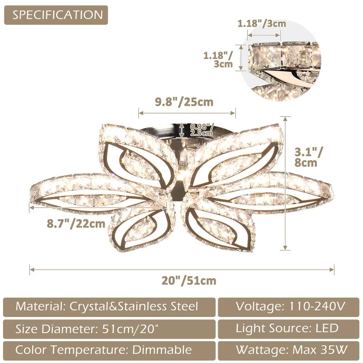 Modern K9 Crystal LED Ceiling Light Flower Design Remote Control Semi-Flush Mount for Home Office Bedroom for Middle-Sized Rooms
