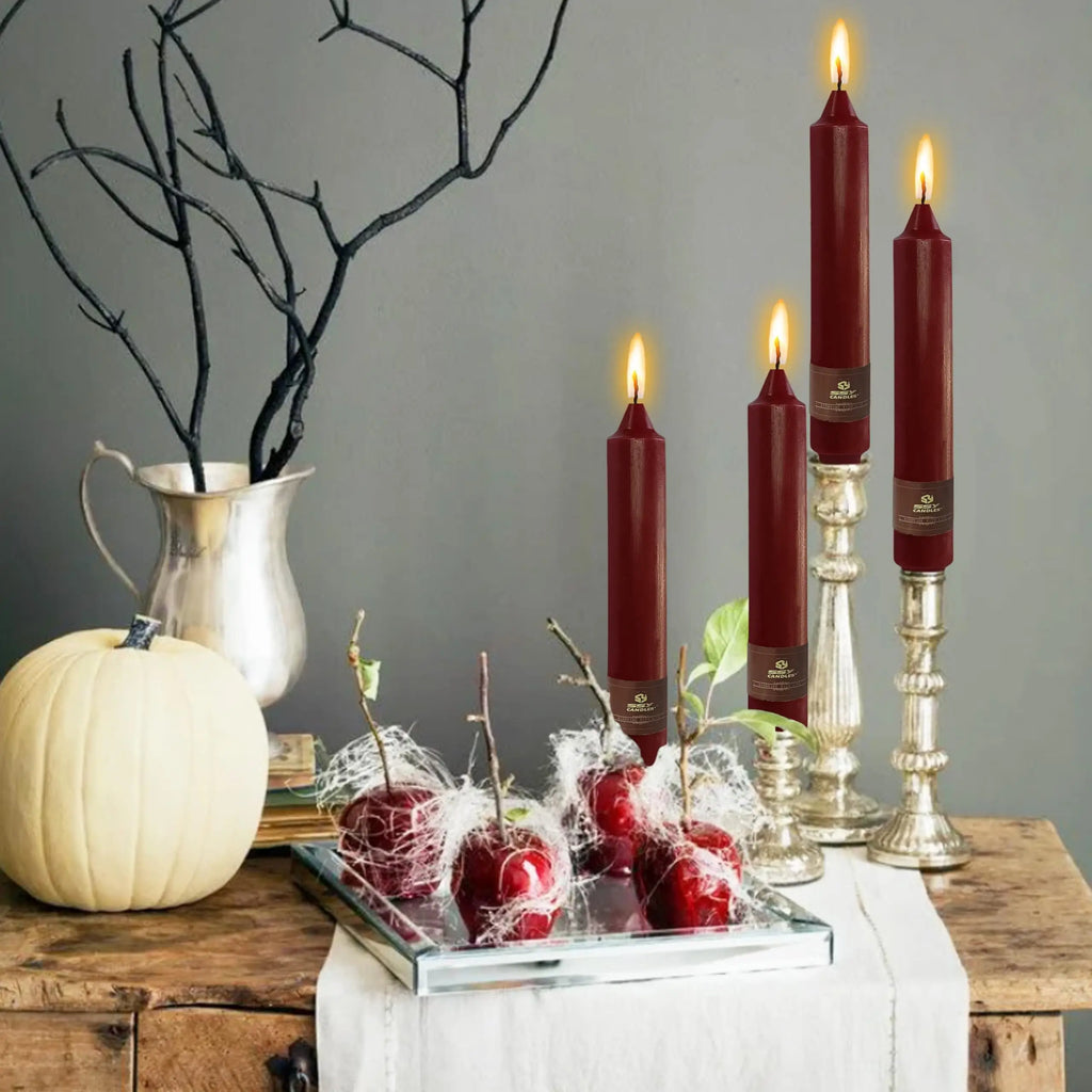 9 Inch Pillar Candle Candlesticks Unscented Dripless Red Tapered Candle Set for Halloween Thanksgiving Home Decor, 4 Pack