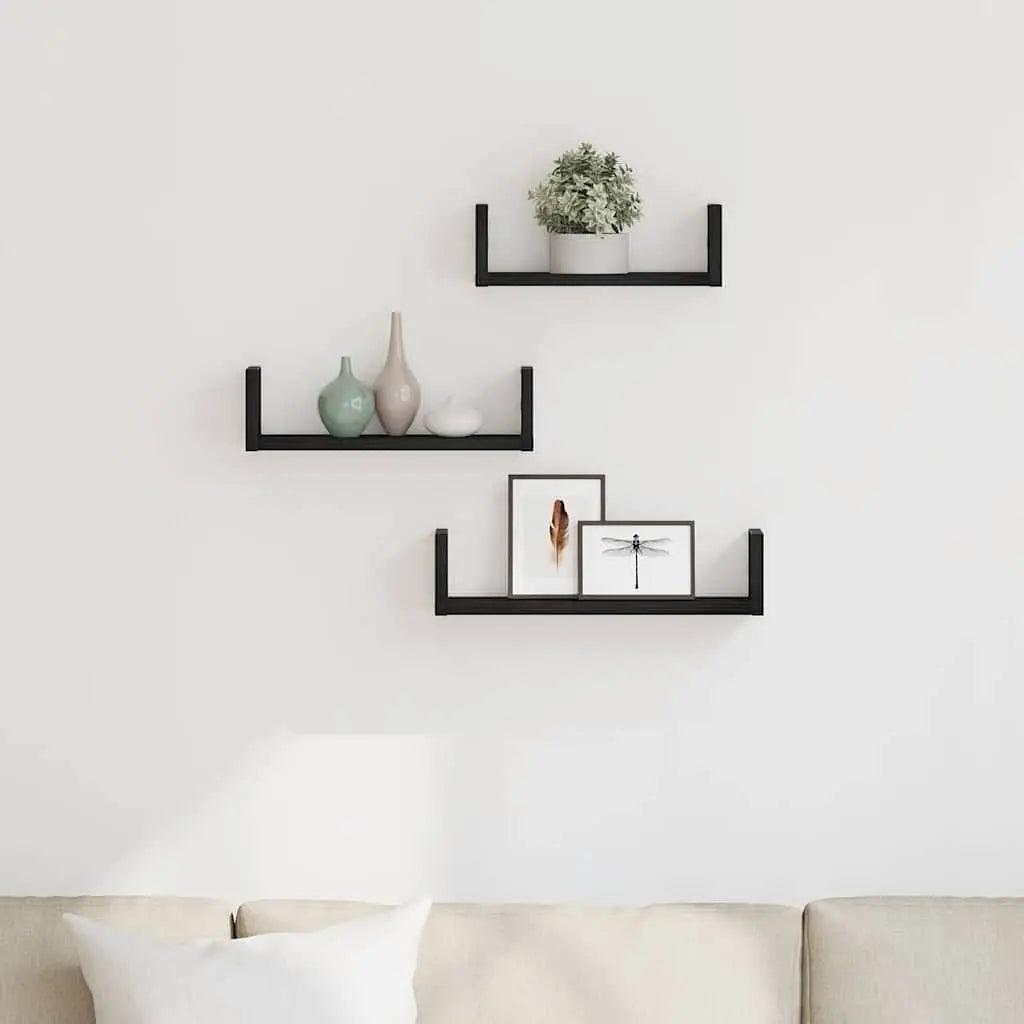 W2B VidaXL Single Wall Shelves 3-Piece Set Black Oak Engineered Wood for Home Storage Solution Bathroom Kitchen Floating Shelf