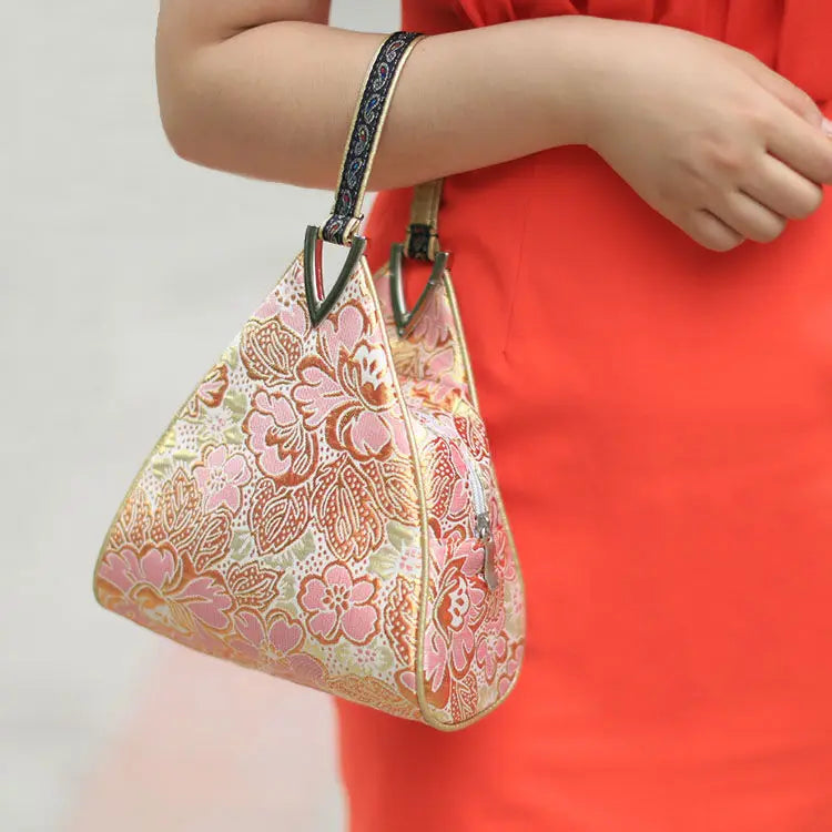 Vintage Palace Flowers Bag Triangle Top Handle Fashion Bags Chic Lady Bag Fringe Tote Women's Handbags Purses Zipper