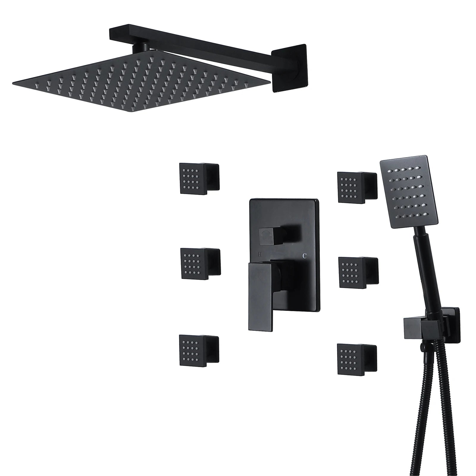 Black Wall Mounted Rainfall Concealed Shower System Bathroom Rain Mixer Showers Combo Set