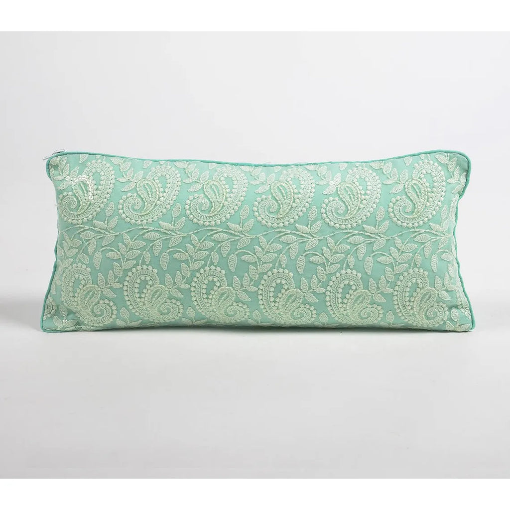HMS 6\" X 14\" Blue Green Paisley Embroidered Cotton Throw Pillow Cover Elegant Towel for Home Decor