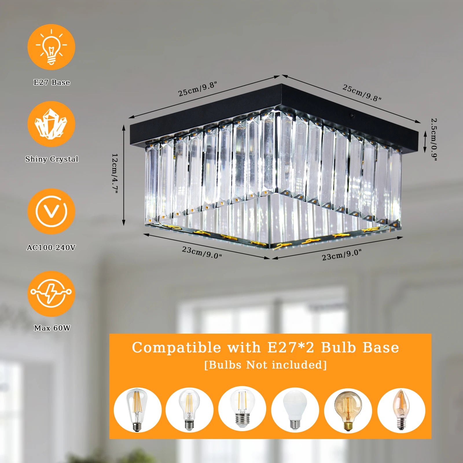 Modern Nordic Gold Crystal Pendant Ceiling Lights K9 Crystals Square Chandelier for Living Room and Hotel Home Decor