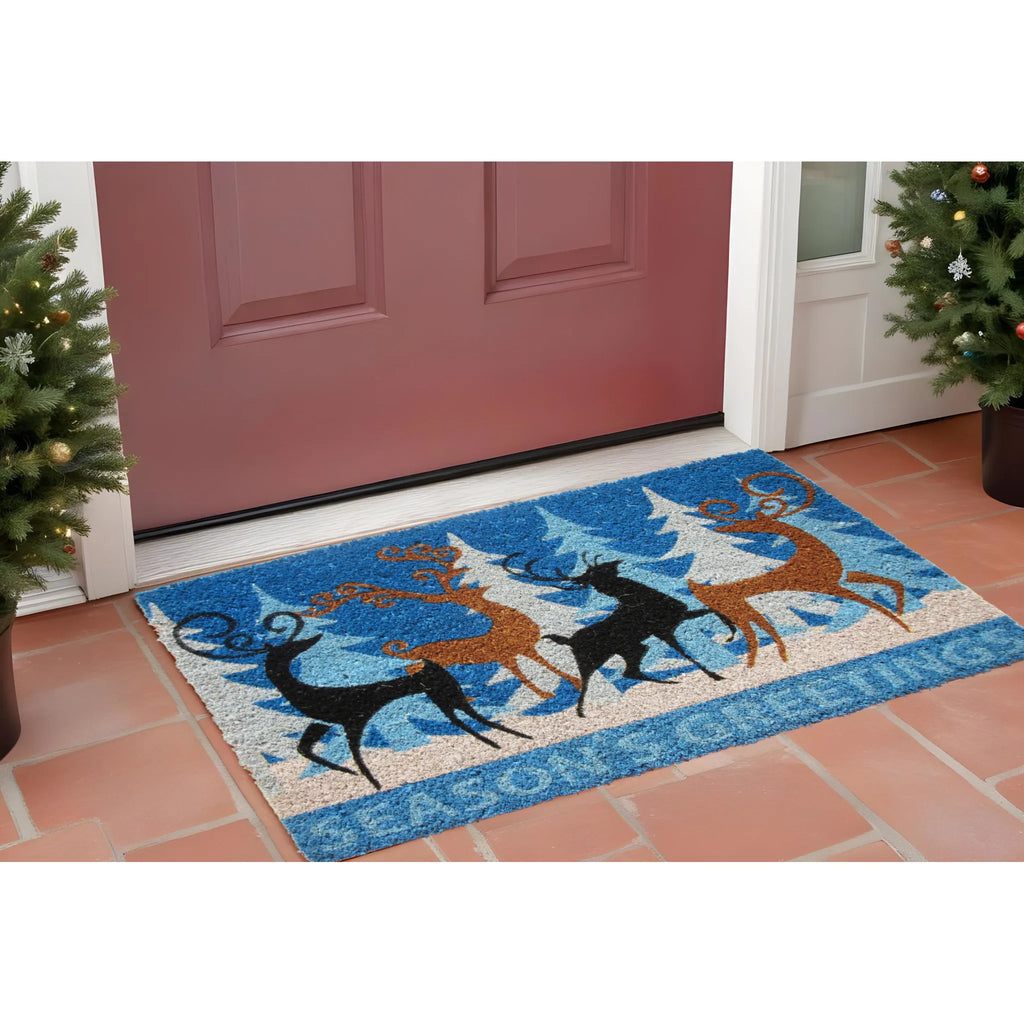 HMS 18\" X 30\" Blue Coir Deer Seasons Greetings Outdoor Holiday Door Mat Elegant Doormats for Home Use