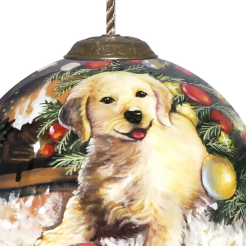 Customizable Size Hand Painted and Mouth Blown Glass Ornament HMS Puppy Under the Christmas Tree for Home Decorations