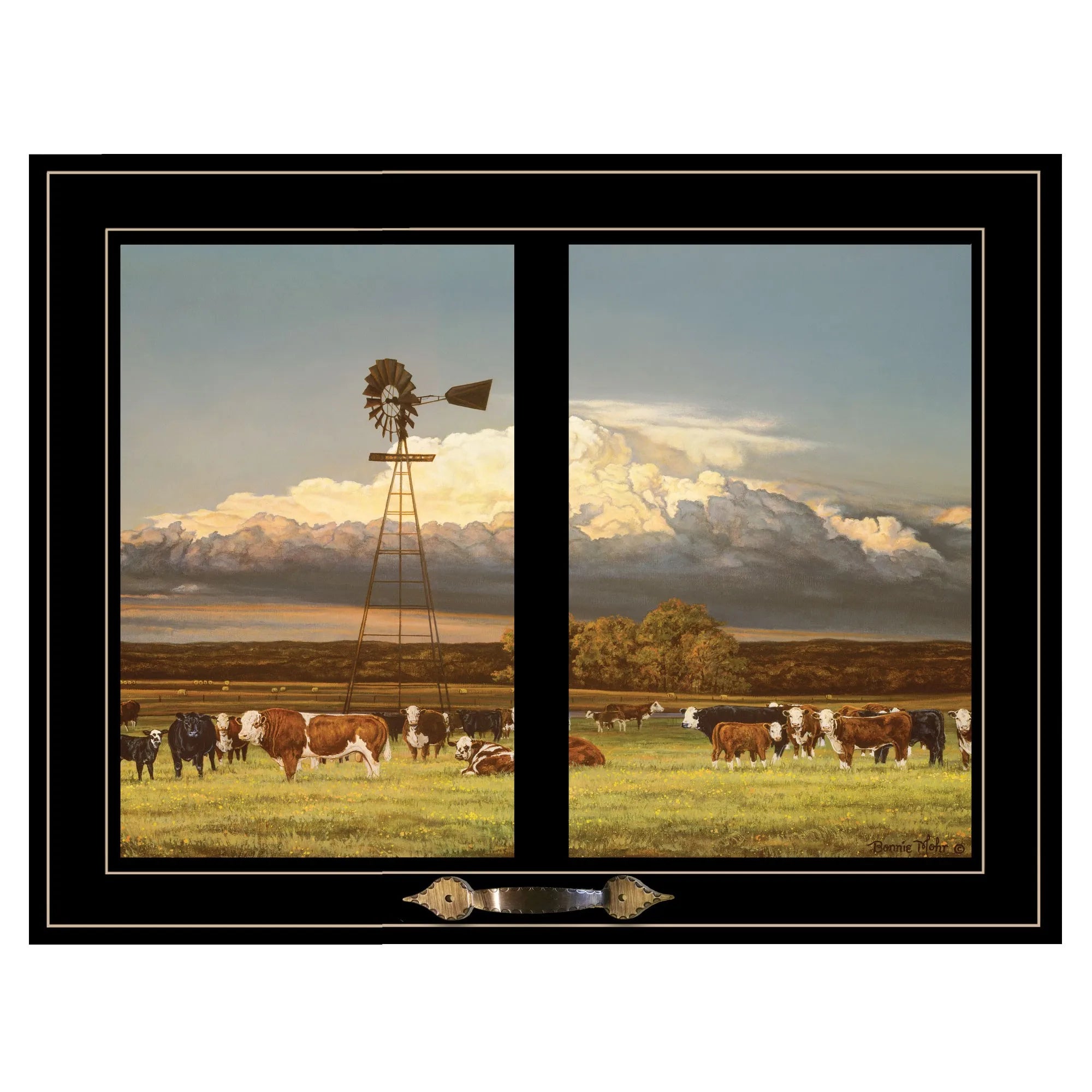 HMS Summer Pastures Framed Wall Art Black Framed Print of Holstein Cows with Windmill Home Decor