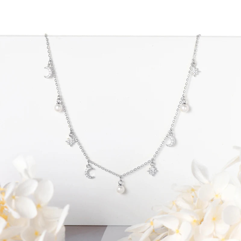 New Arrival 925 Sterling Silver Cubic Zircon 4mm Natural White Freshwater Pearl Necklace Moon Star Necklace for Women