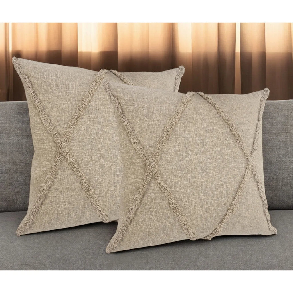 HMS Set of Two Taupe and Brown Diamond Cotton Throw Pillow with Fringes Decorative & Stylish for Home or Office
