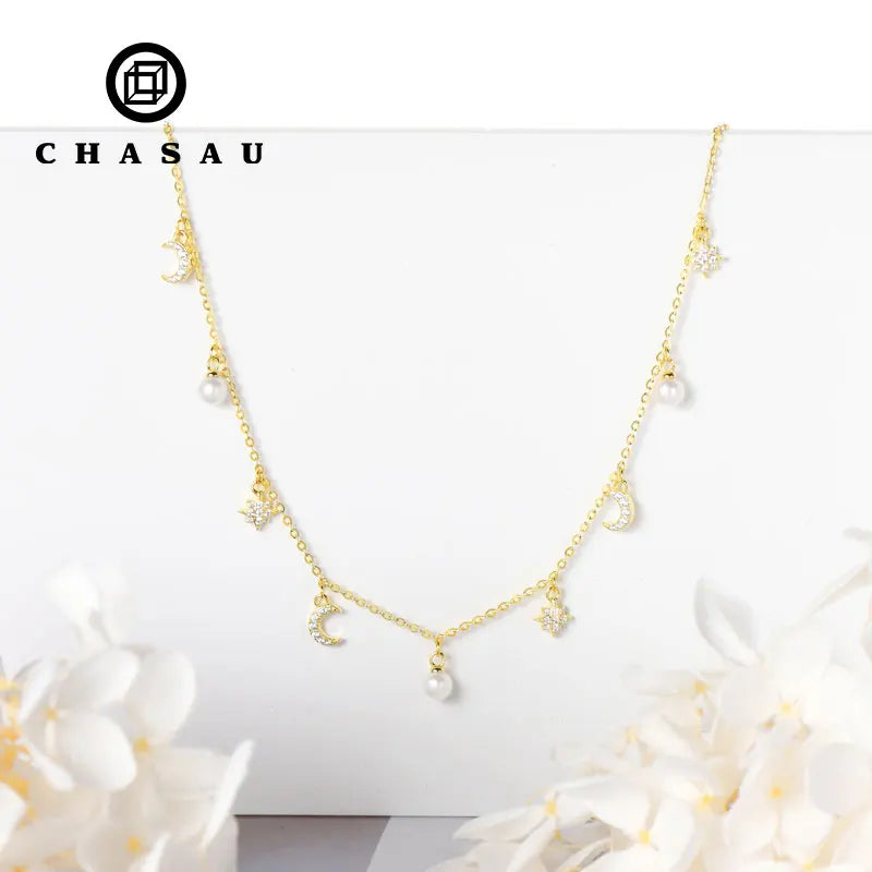 New Arrival 925 Sterling Silver Cubic Zircon 4mm Natural White Freshwater Pearl Necklace Moon Star Necklace for Women