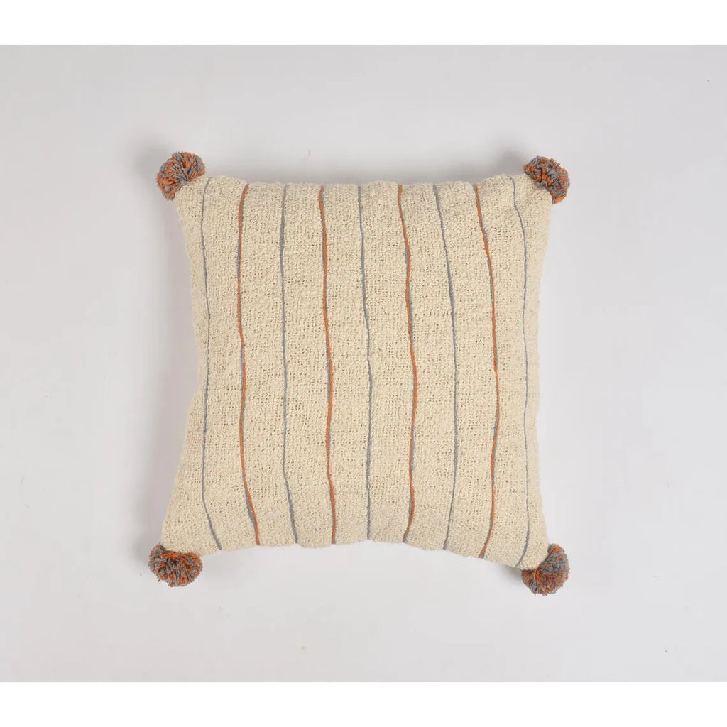 HMS 18\" Beige and Orange Linen Cotton Throw Pillow Cover with Pom Poms Decorative & Stylish Pillow for Home Decor