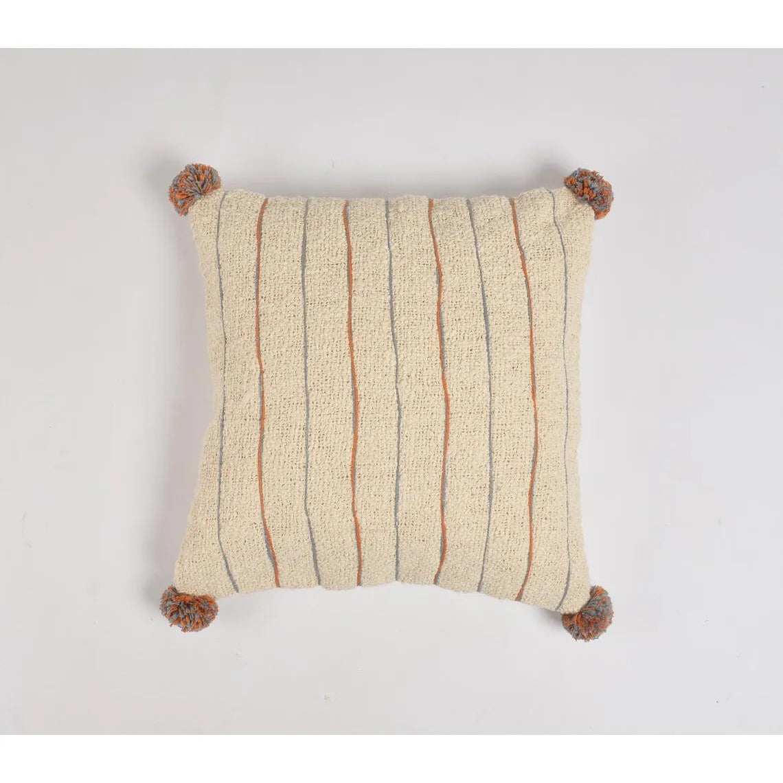 HMS 18\" Beige and Orange Linen Cotton Throw Pillow Cover with Pom Poms Decorative & Stylish Pillow for Home Decor