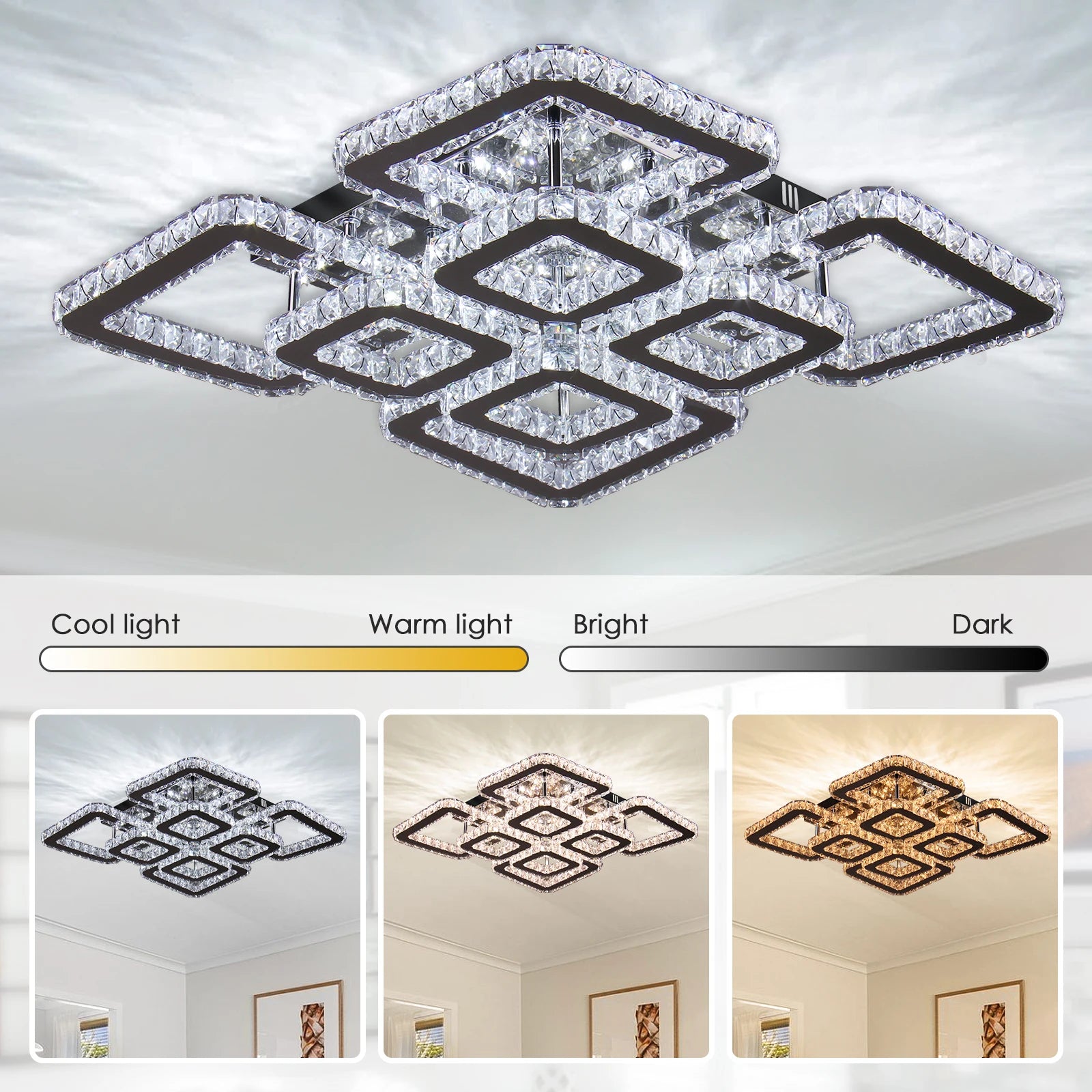 Multi-color Square Restaurant Ceiling Light Modern K9 Crystal LED Ceiling Light Chandelier for Home