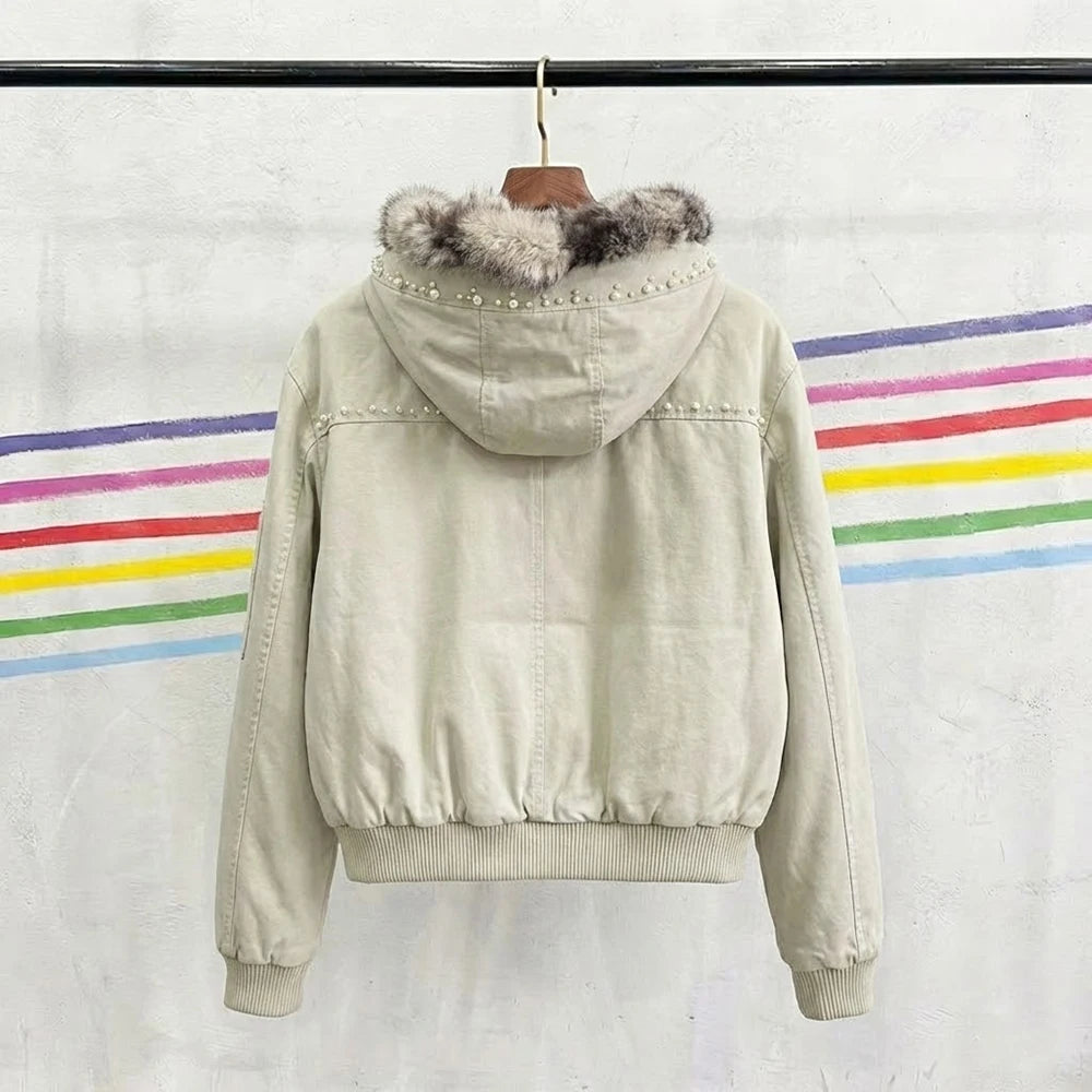 Top Quality Winter 100% Cotton Custom Zip up Hoodie Down Jacket Male Canada Fox Fur-Trim Bomber Jacket Custom Street Wear