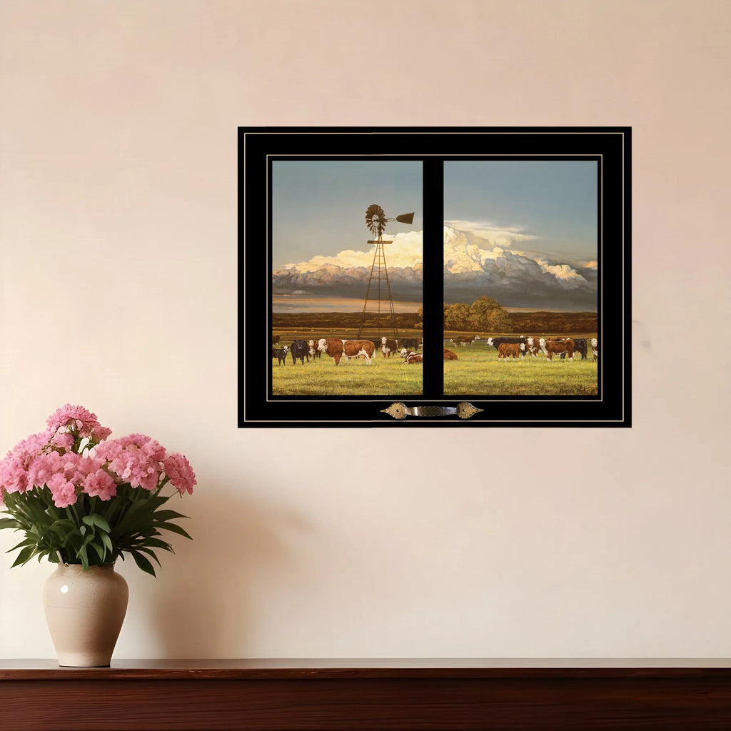 HMS Summer Pastures Framed Wall Art Black Framed Print of Holstein Cows with Windmill Home Decor