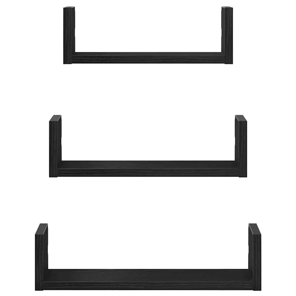 W2B VidaXL Single Wall Shelves 3-Piece Set Black Oak Engineered Wood for Home Storage Solution Bathroom Kitchen Floating Shelf