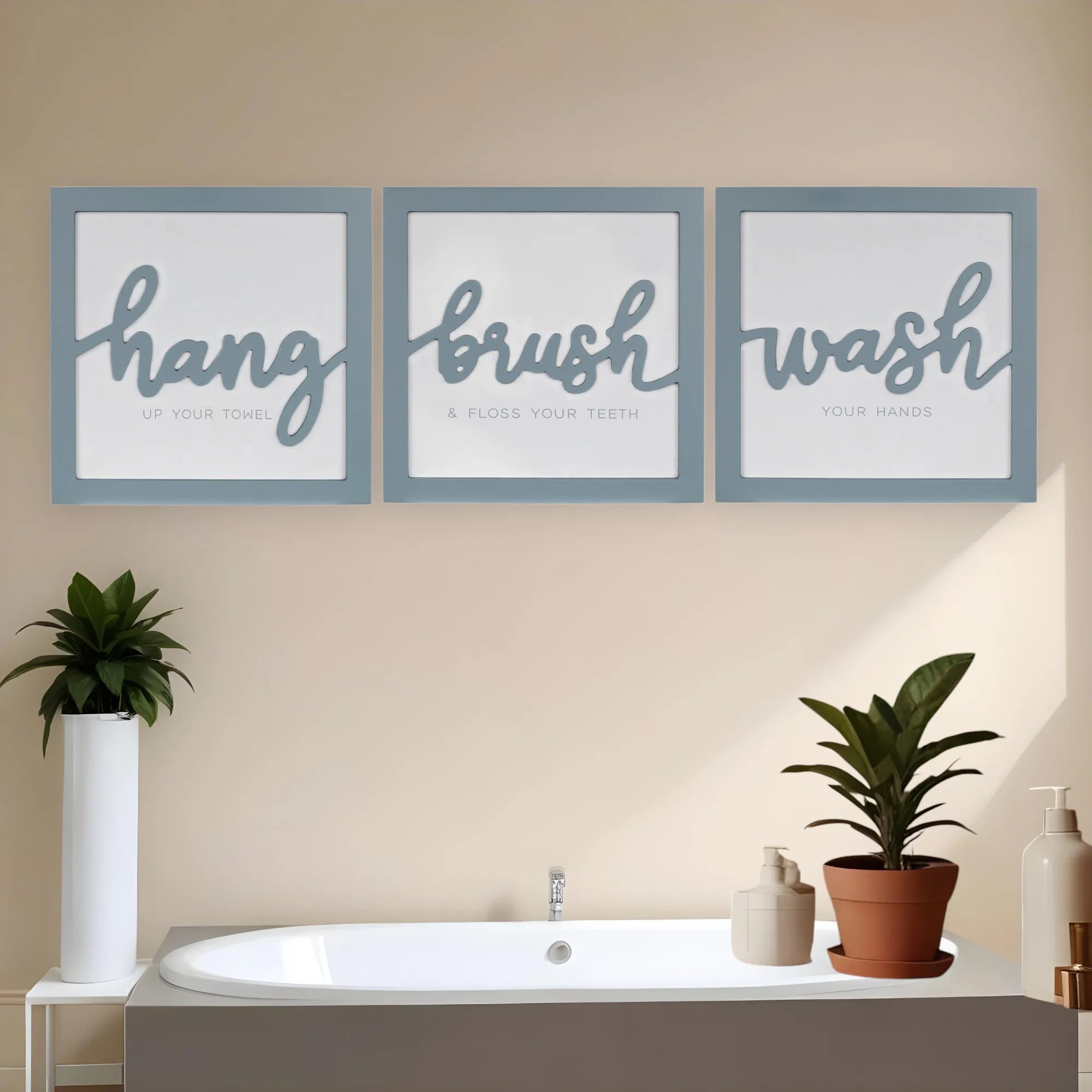 HMS Set of 3 Blue Hang Brush Wash Framed Wall Art for Home Decor