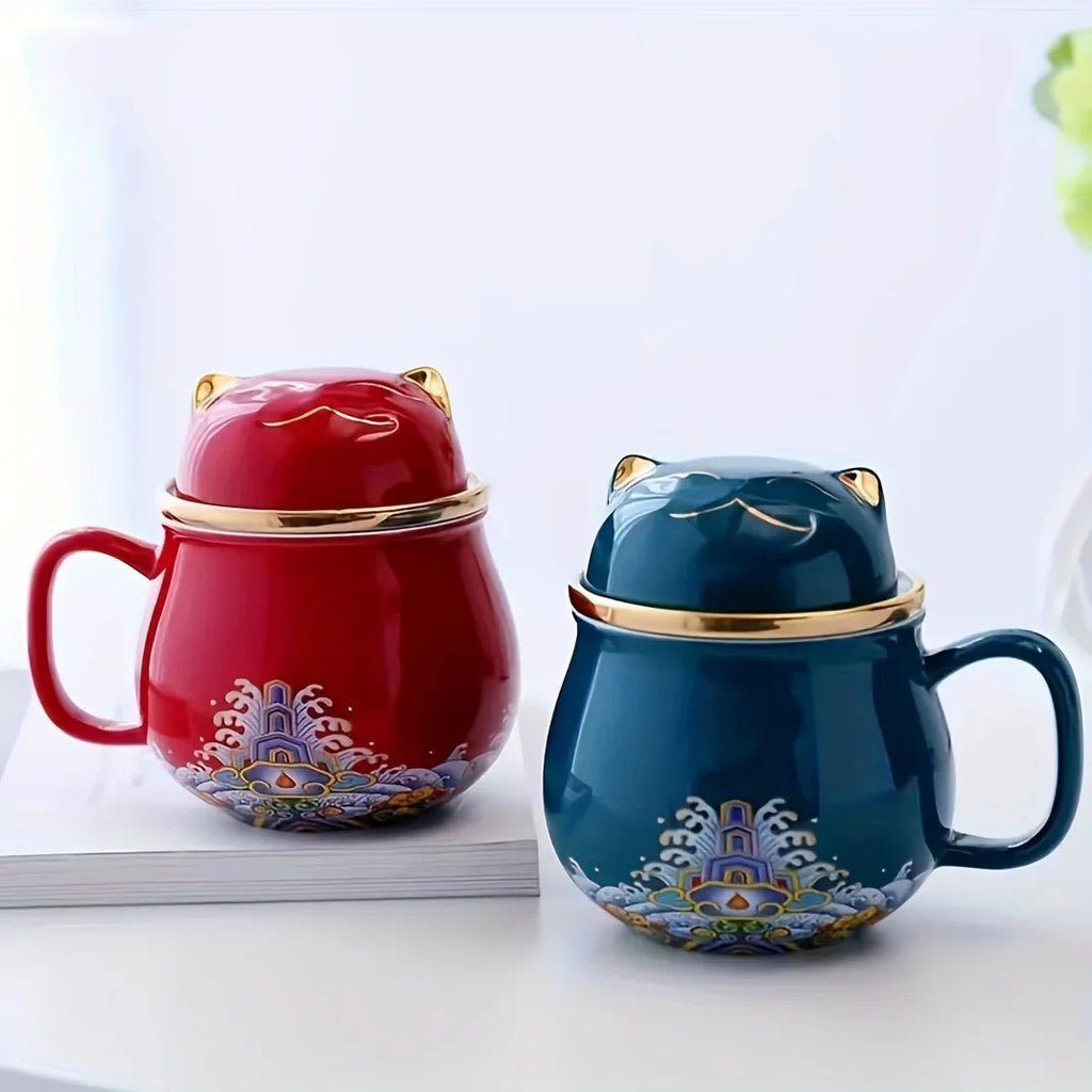 Ceramic Cat Cup with Lid, Reusable Insulated Floral Design, Machine Washable, Ideal for Travel, Perfect for Home or Office