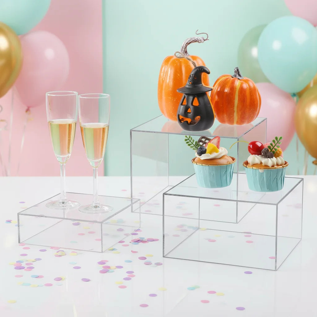 Clear Acrylic Cubes Display Box 3-Piece Stackable  Crystal Buffet Food Stands Party Neon Nesting Riser for Home Decor.