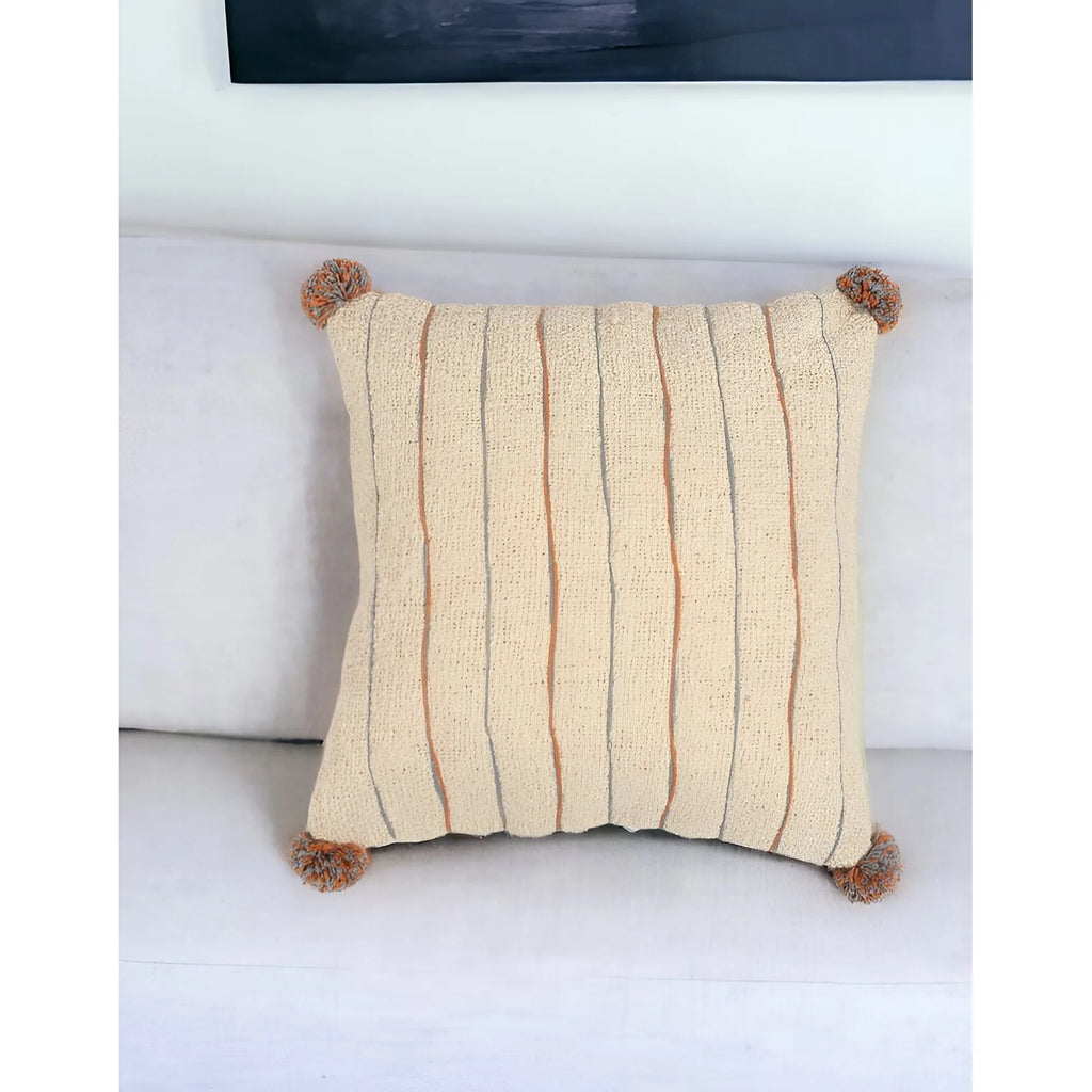 HMS 18\" Beige and Orange Linen Cotton Throw Pillow Cover with Pom Poms Decorative & Stylish Pillow for Home Decor