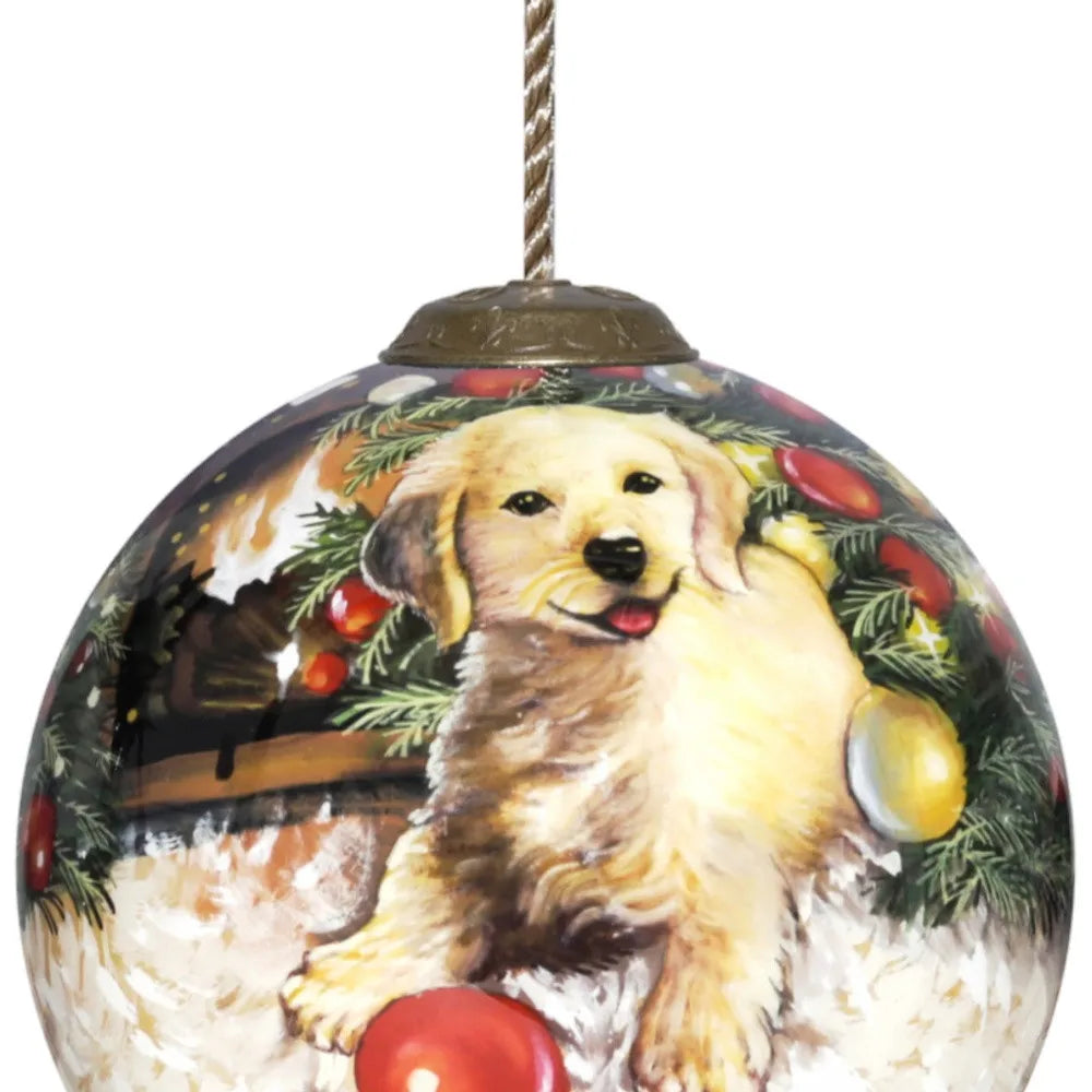 Customizable Size Hand Painted and Mouth Blown Glass Ornament HMS Puppy Under the Christmas Tree for Home Decorations