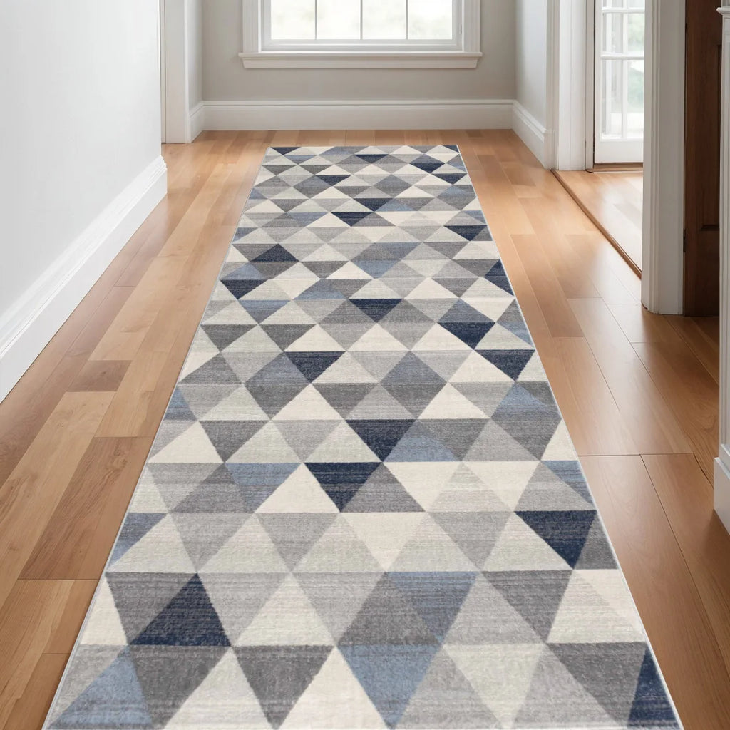 HMS Modern 16' Geometric Runner Rug Blue Beige Gray Wool Jute Carpet Handmade Tufted Woven Anti-Slip for Home Prayer Washable