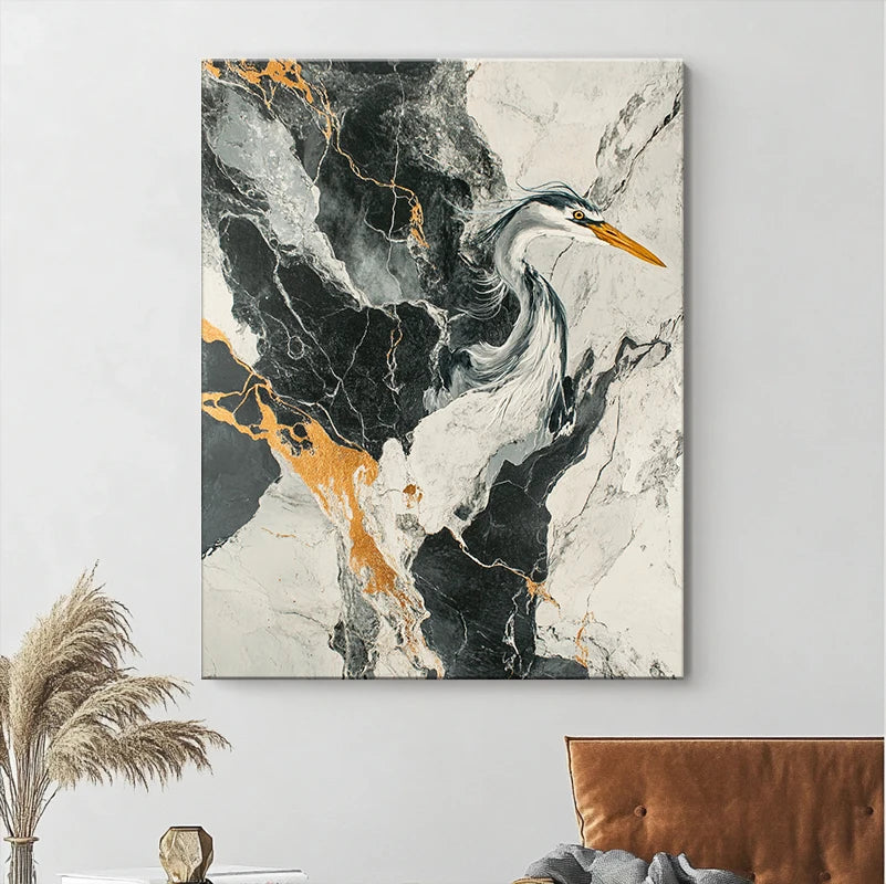 Animal Painting Wall Art: Mysterious and Quiet Black and White Bird Home Decoration Artworks for Living Rooms and Bedrooms