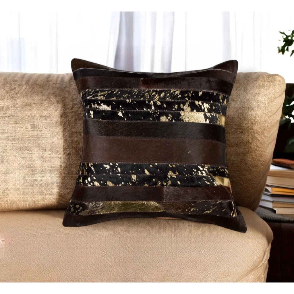 HMS 18\" Super Soft Brown and Gold Abstract Cowhide Throw Pillow Fabric Body Shape for Home and Sofa Use with Massage Feature