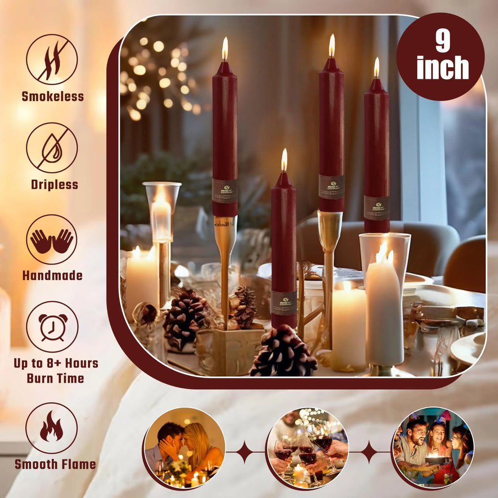 9 Inch Pillar Candle Candlesticks Unscented Dripless Red Tapered Candle Set for Halloween Thanksgiving Home Decor, 4 Pack