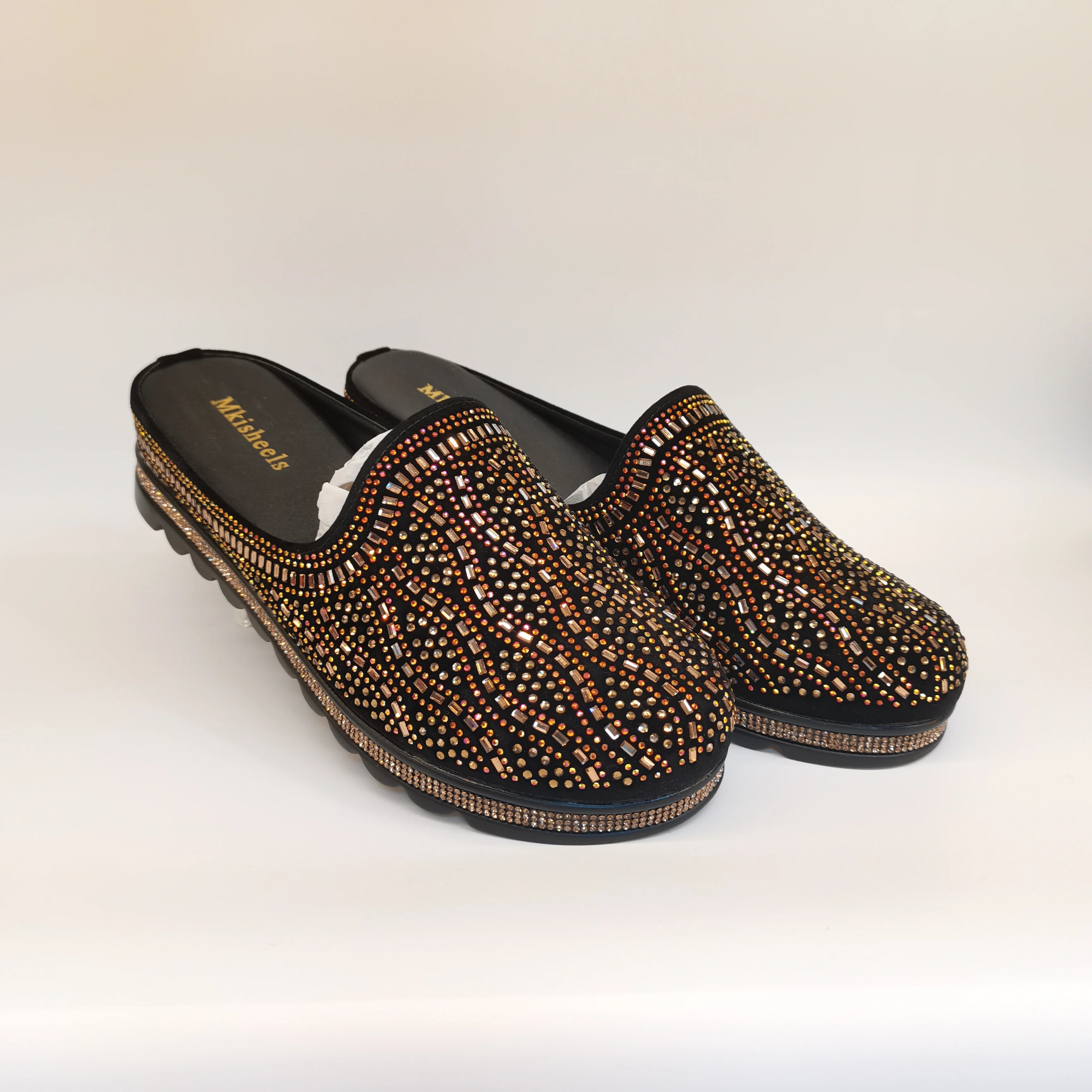 African Popular Luxury Women's Rhinestone Slippers Non-slip height-raising, High-end  Mid-Heel Lady Casual Mullers Shoes F1207-1