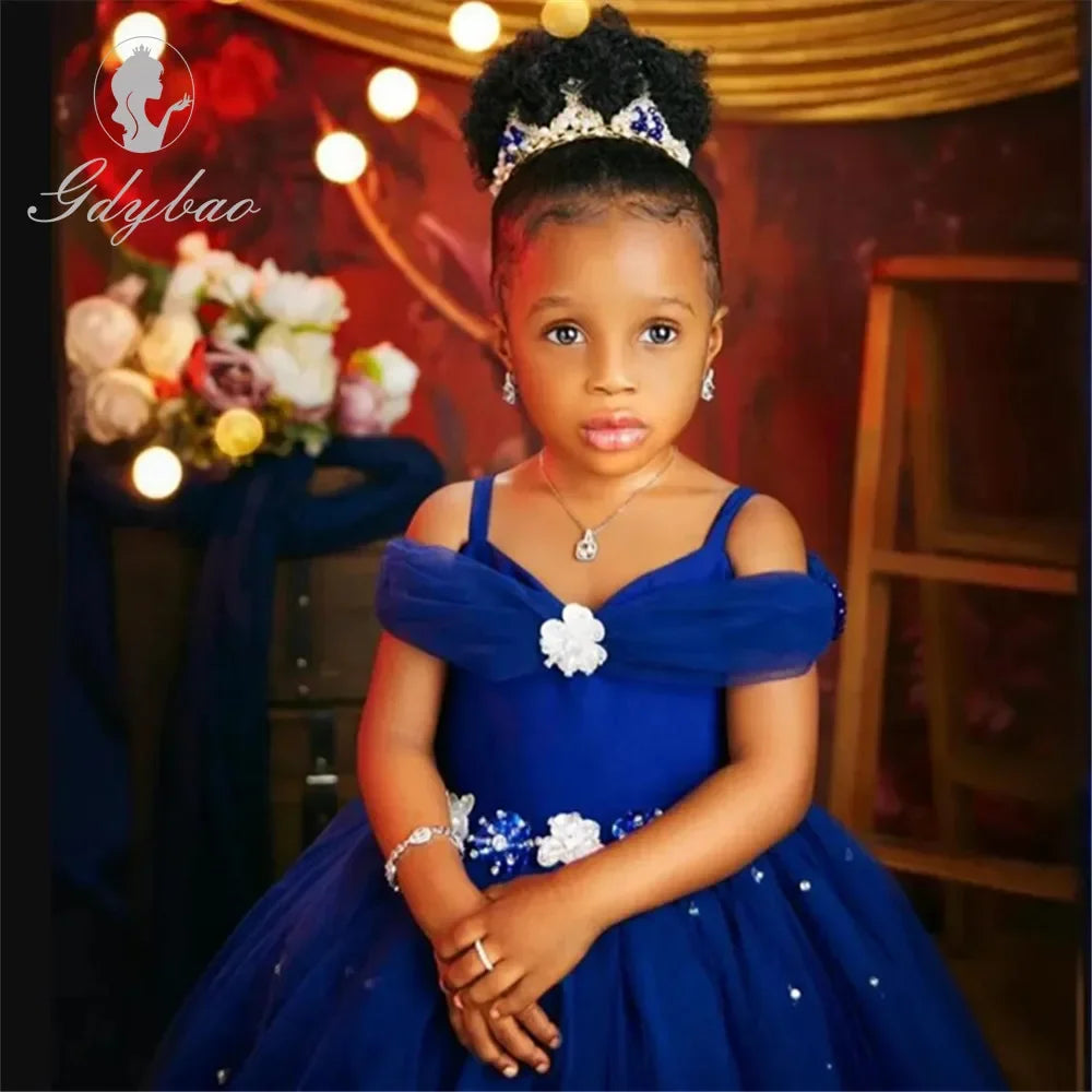 Royal Blue Flower Girl Dresses For Wedding Beaded Tulle Toddler Girls Pageant Dress Kids Formal Wear