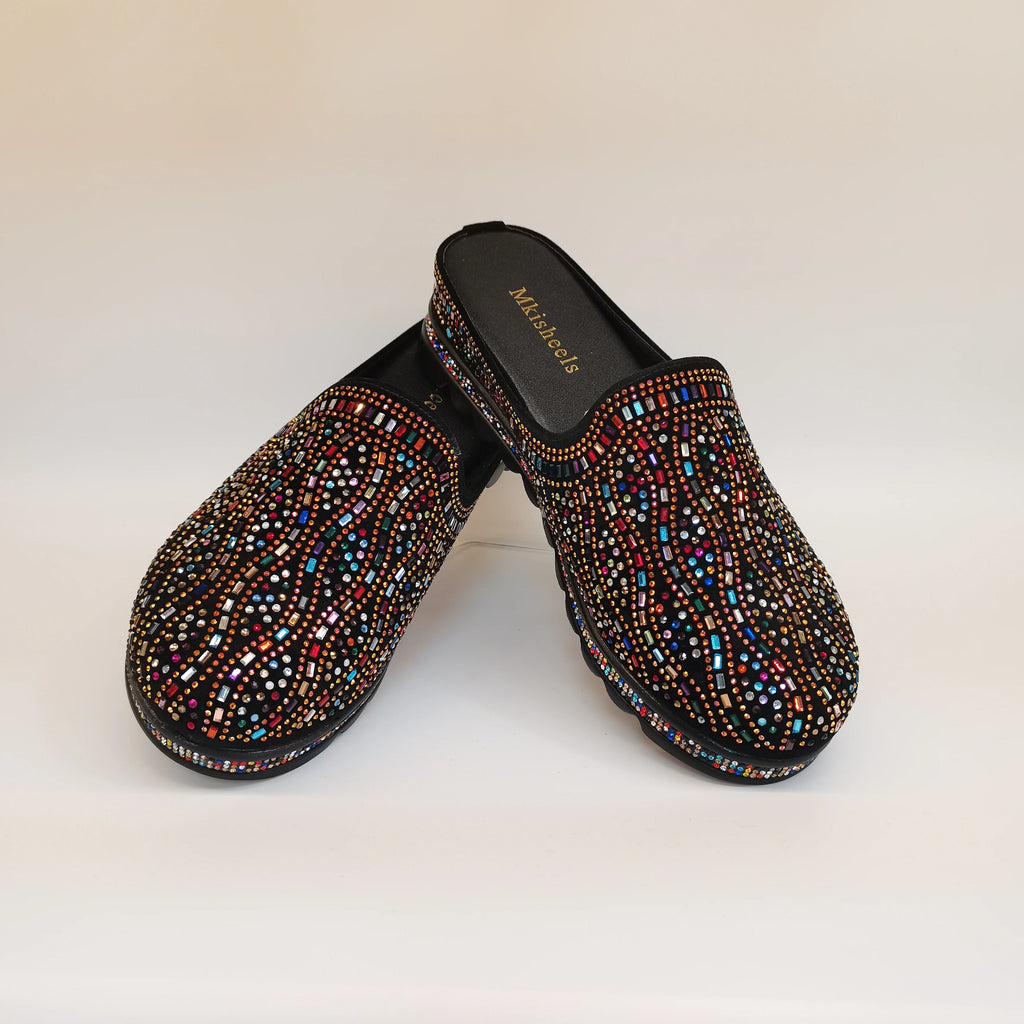 African Popular Luxury Women's Rhinestone Slippers Non-slip height-raising, High-end  Mid-Heel Lady Casual Mullers Shoes F1207-1