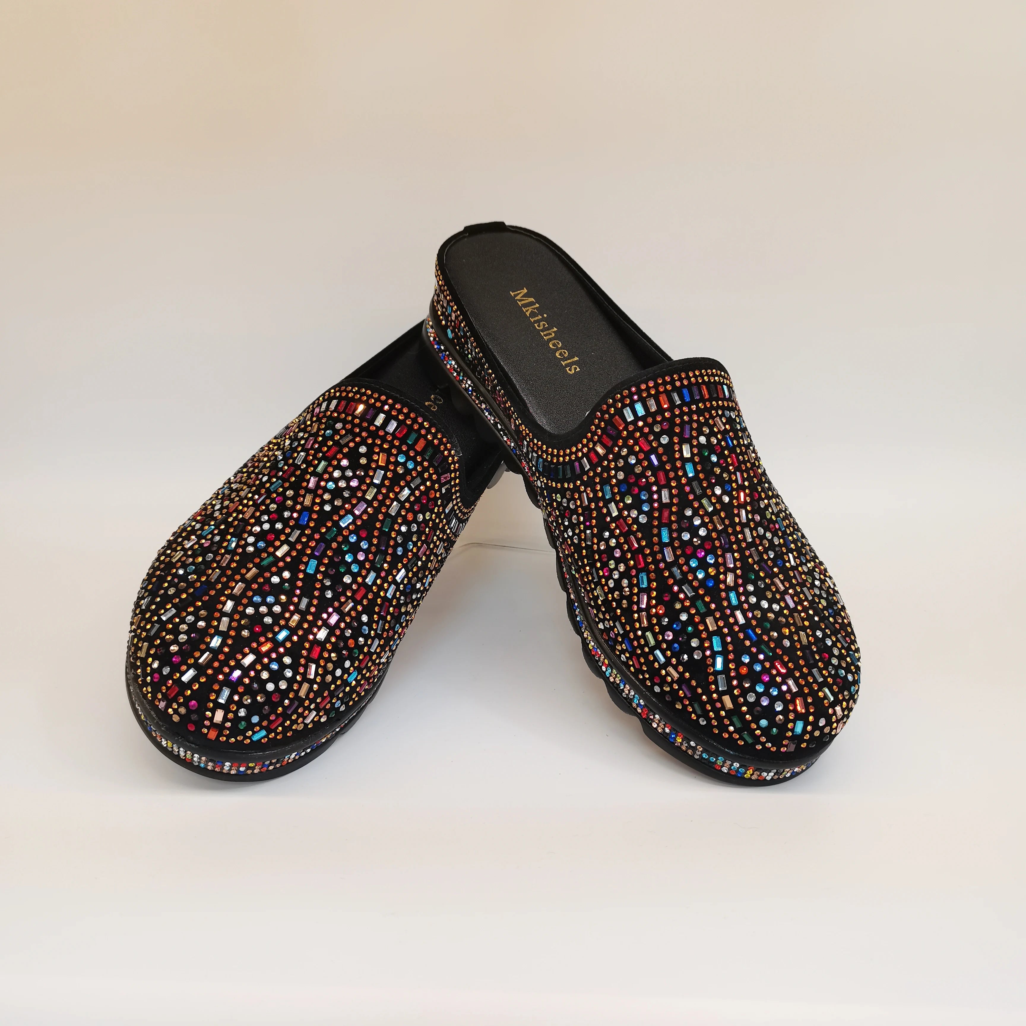 African Popular Luxury Women's Rhinestone Slippers Non-slip height-raising, High-end  Mid-Heel Lady Casual Mullers Shoes F1207-1