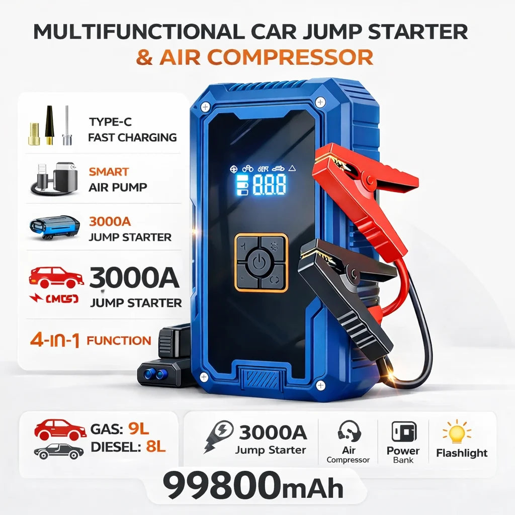 3000A Car Jump Starter 99800mAh Portable Battery Booster Air Compressor 12V Auto Emergency Start Power Bank With LED Light