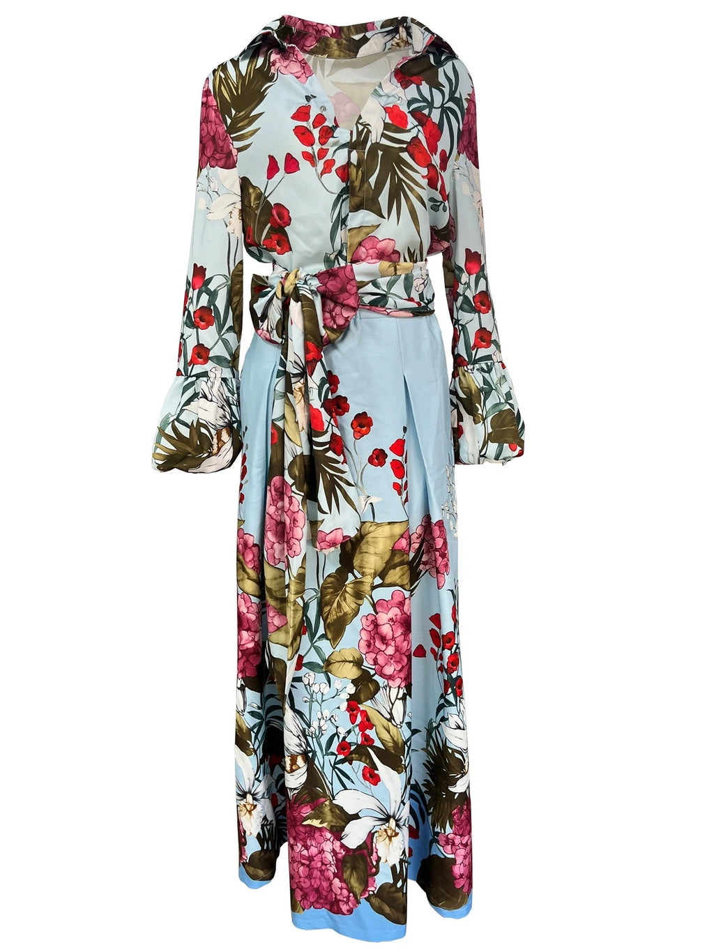 New autumn and winter style, elegant and romantic vacation style, two-piece set of long-sleeved long dress with tie belt and cin