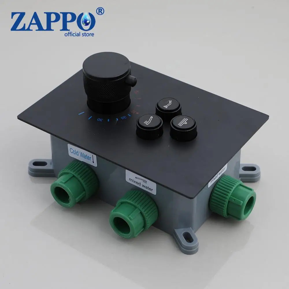 ZAPPO Matte Black Concealed Shower Sets Thermostatic Bathroom Shower Faucet 3 Ways Shower System Rainfall Head Wall Mounted