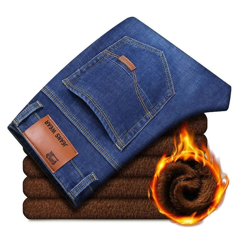 Men Plus Size 10XL Winter Warm Plush Jeans Stretch Loose Straight Baggy Denim Trousers for Comfortable Wear Oversize Streetwear