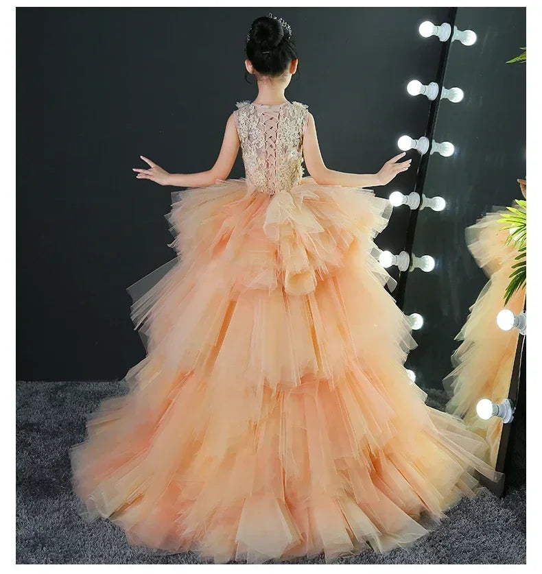 Custom Made Luxury Grey Pageant Dress Kids Birthday Wedding Ball Gown Party Dress Crystal Bandage Flower Girl Dresses Long Train
