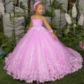 Customized Flower Girl Dress Light Champagne Pearls Floral Appliques Long Sleeve For Wedding Birthday Prom Holy Communion Gown
