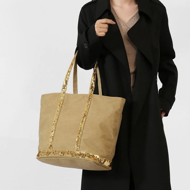 French Sequined Large-capacity Tote Bag Brand Designed Canvas Handbag Contrast Vintage Shoulder Bag Women's Business Travel Bags